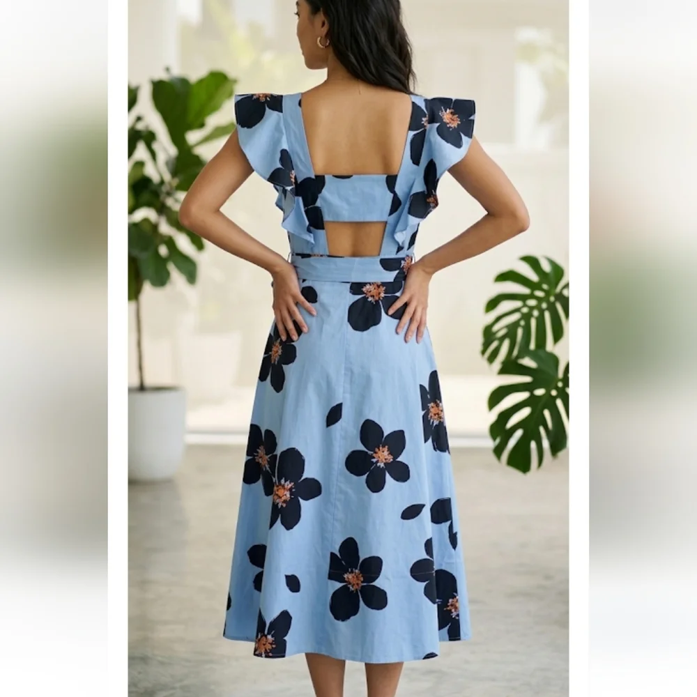 Kate Spade Grand Flora Poplin Powder Blue Midi Dress